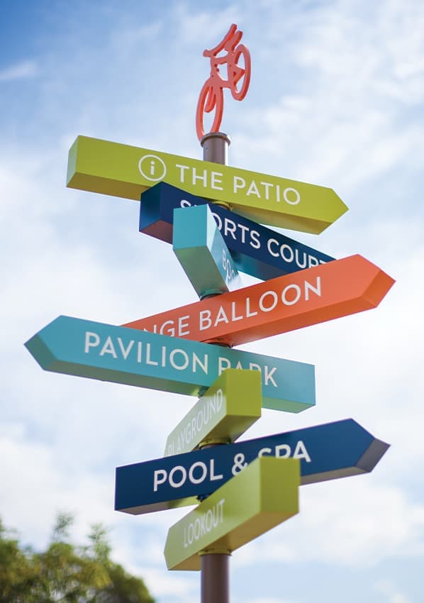 Great Park Neighborhoods colorful pedestrian wayfinding flag directional signage.